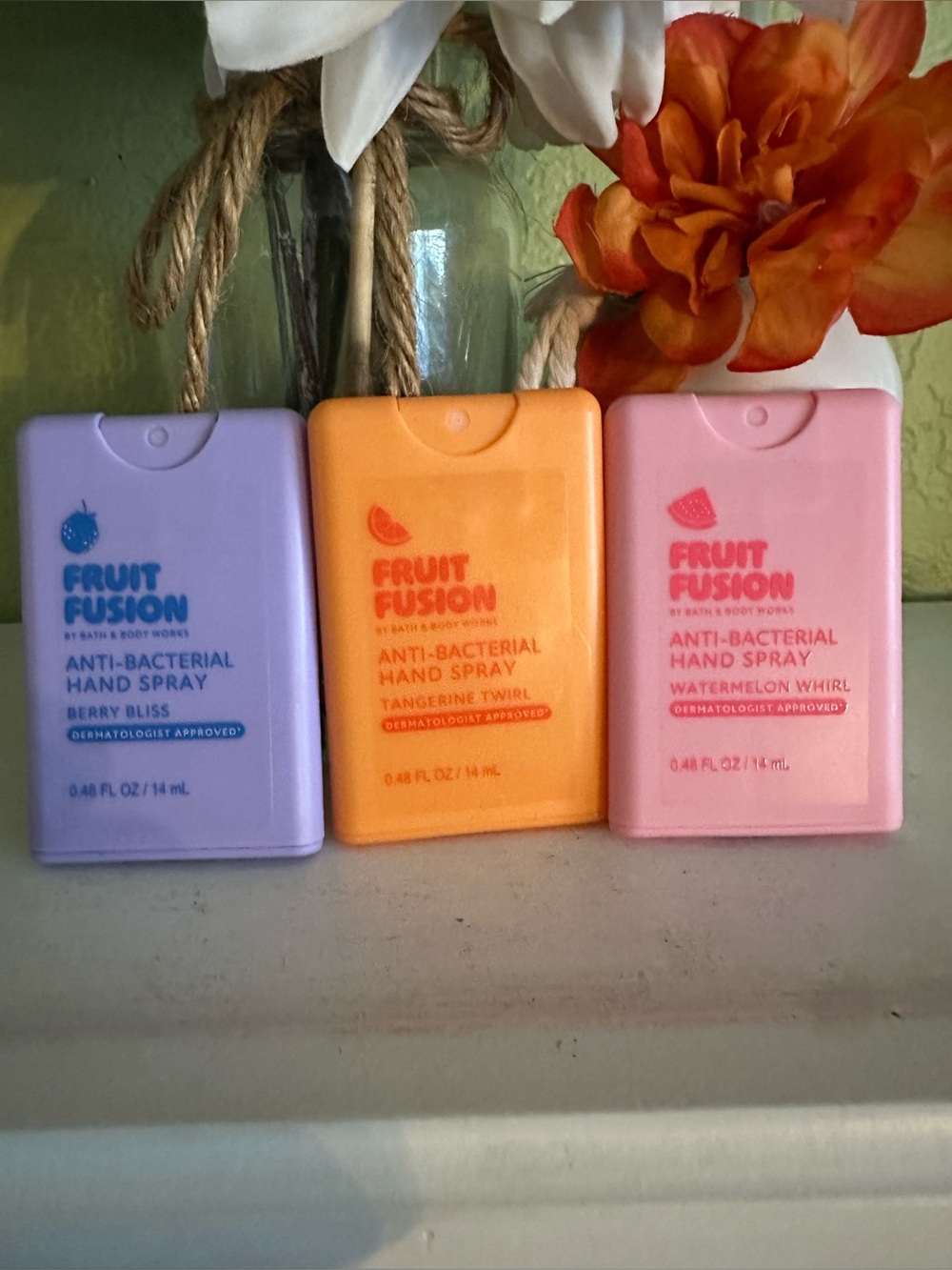 NEW BBW (3) PC FRUIT FUSION ANTIBACTERIAL HAND SPRAY🍉🍊🍇 where are you supposed t
